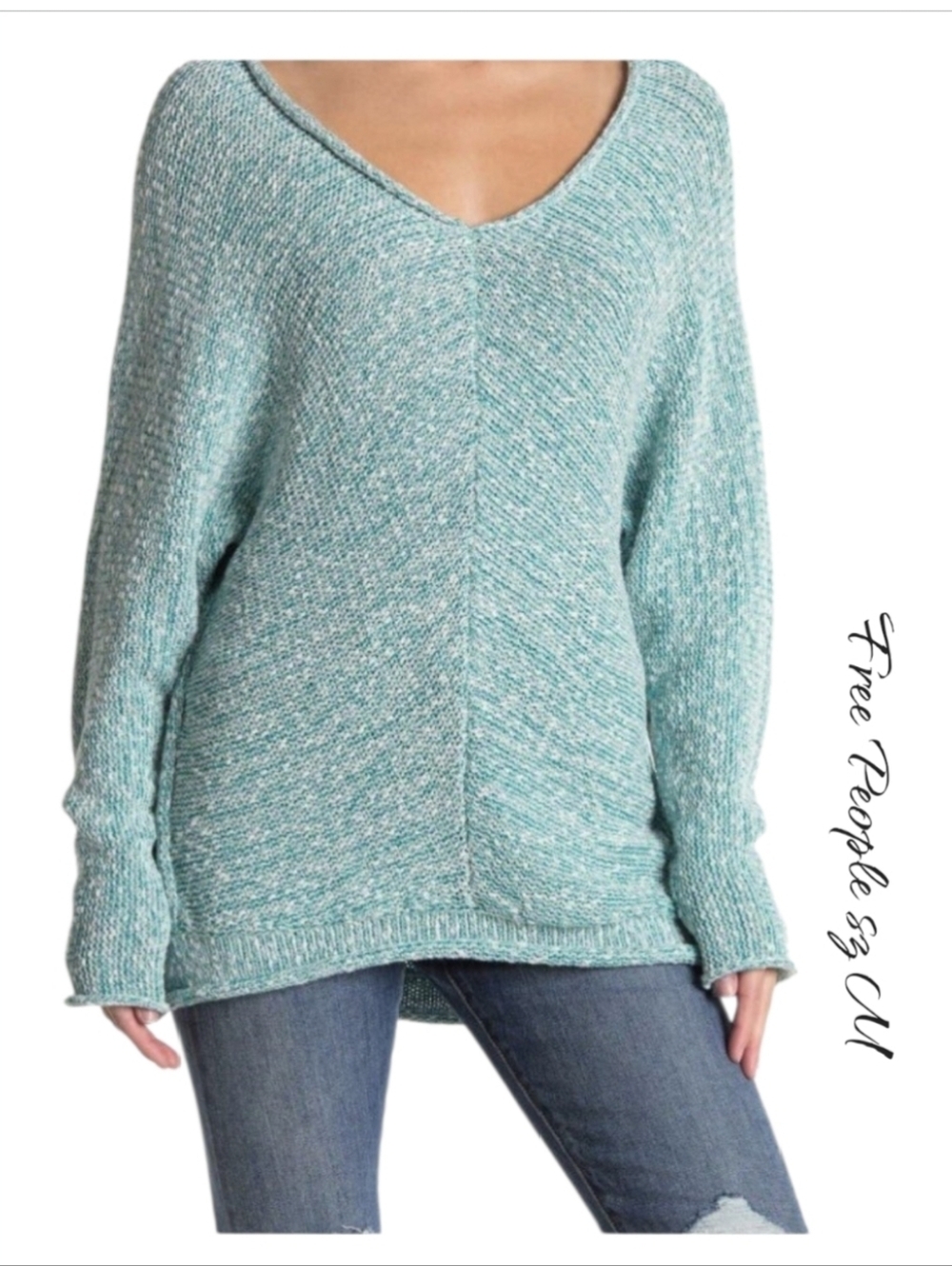 New Free People Oversized Cotton Blend Green/white Sweater sz M
